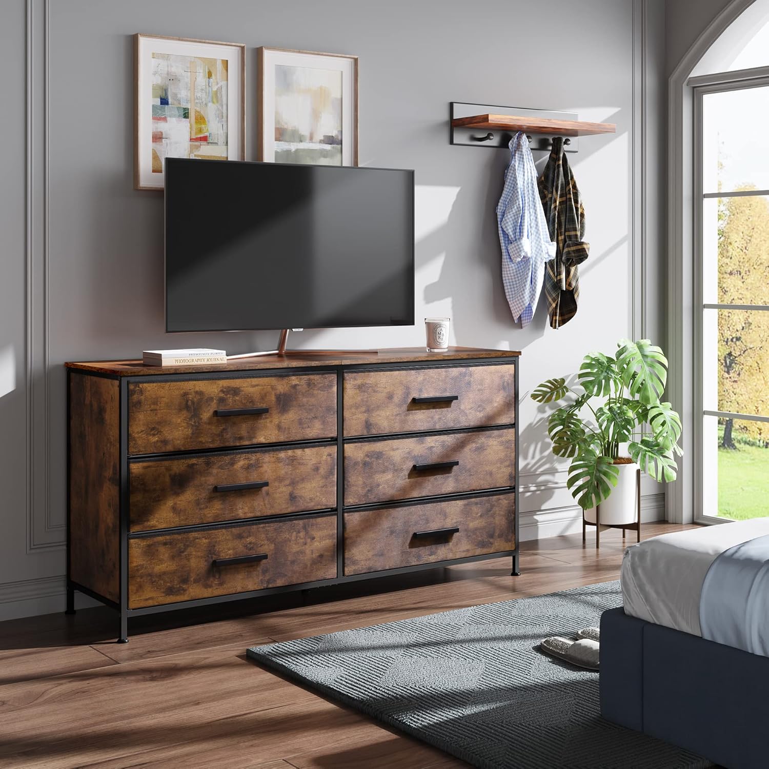 WLIVE Wide Dresser with 6 Drawers, TV Stand for 60" TV, Fabric Double Dresser, Large Storage Tower Unit, Chest of Drawers for Bedroom, Closet, Living Room, Hallway, Nursery, Rustic Brown - Image 6