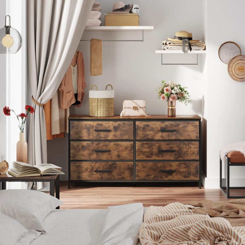 WLIVE Wide Dresser with 6 Drawers, TV Stand for 60" TV, Fabric Double Dresser, Large Storage Tower Unit, Chest of Drawers for Bedroom, Closet, Living Room, Hallway, Nursery, Rustic Brown - Image 2