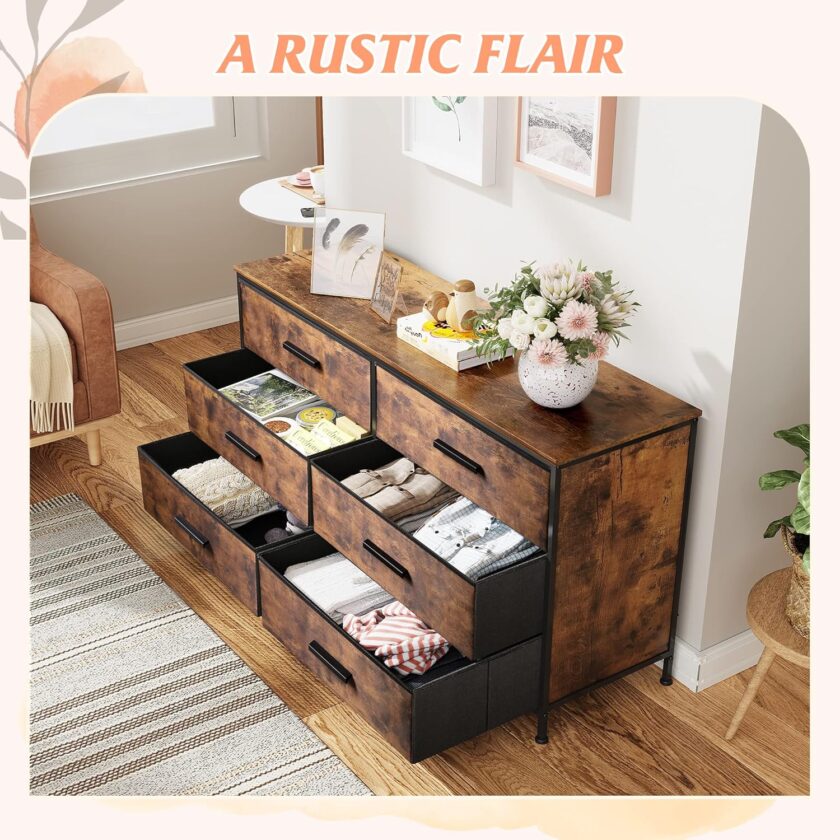 WLIVE Wide Dresser with 6 Drawers, TV Stand for 60" TV, Fabric Double Dresser, Large Storage Tower Unit, Chest of Drawers for Bedroom, Closet, Living Room, Hallway, Nursery, Rustic Brown - Image 4
