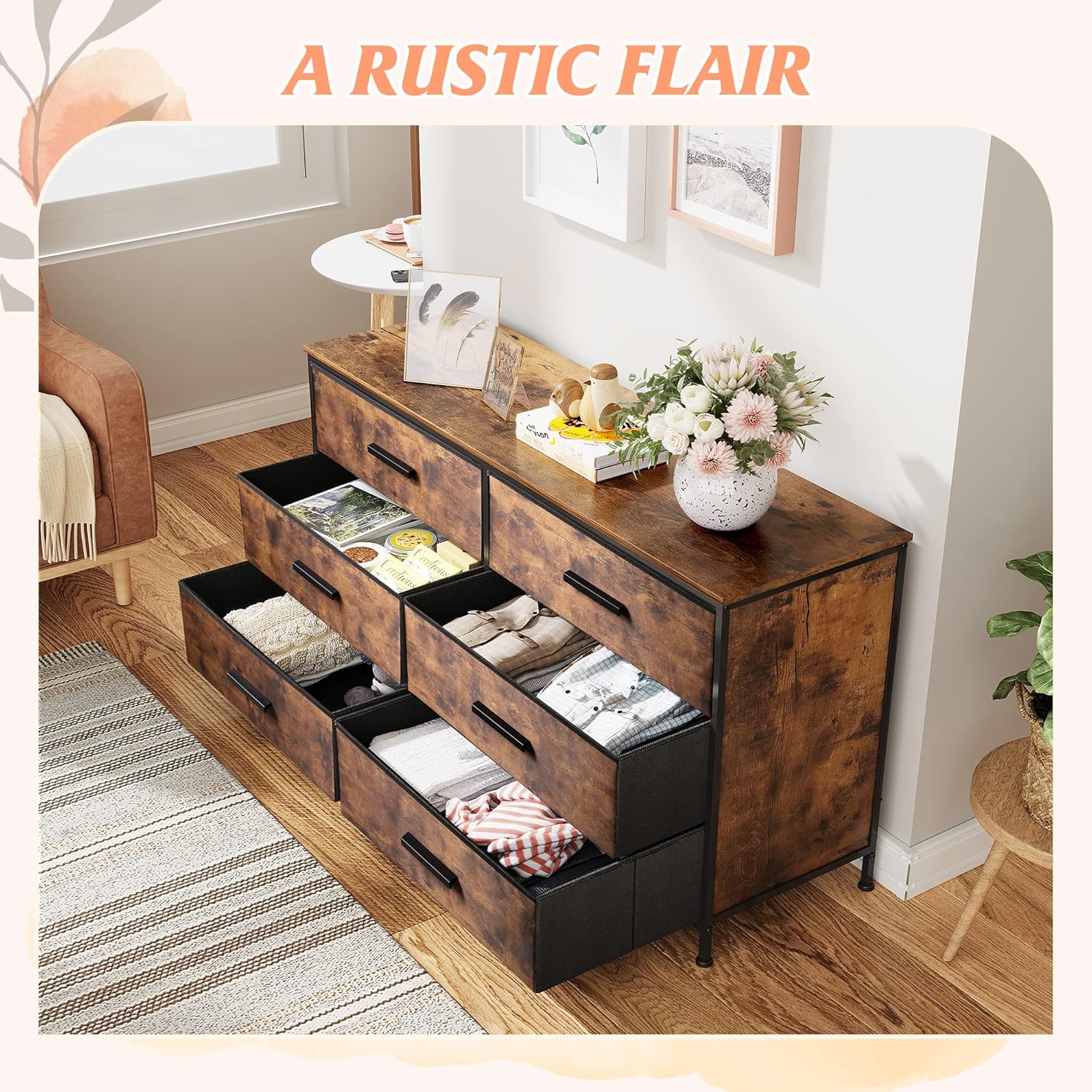 WLIVE Wide Dresser with 6 Drawers, TV Stand for 60" TV, Fabric Double Dresser, Large Storage Tower Unit, Chest of Drawers for Bedroom, Closet, Living Room, Hallway, Nursery, Rustic Brown - Image 4
