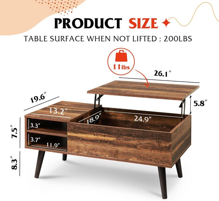WLIVE Wood Lift Top Coffee Table with Hidden Compartment and Adjustable Storage Shelf, Lift Tabletop Dining Table for Home Living Room, Office, Rustic Oak - Image 3