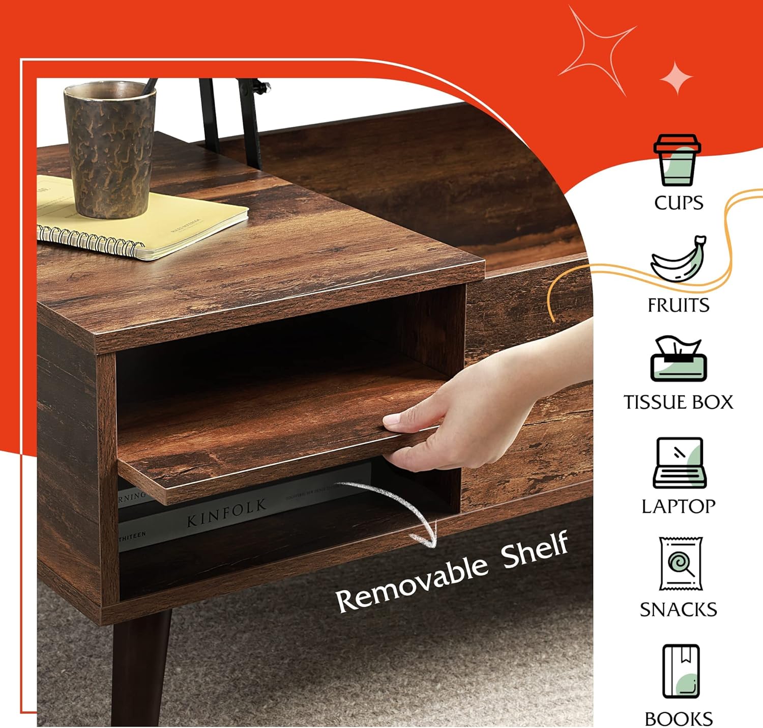 WLIVE Wood Lift Top Coffee Table with Hidden Compartment and Adjustable Storage Shelf, Lift Tabletop Dining Table for Home Living Room, Office, Rustic Oak - Image 6