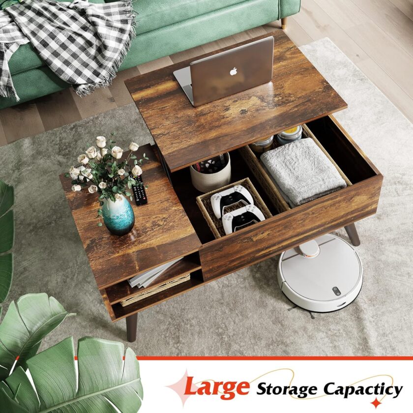 WLIVE Wood Lift Top Coffee Table with Hidden Compartment and Adjustable Storage Shelf, Lift Tabletop Dining Table for Home Living Room, Office, Rustic Oak - Image 5