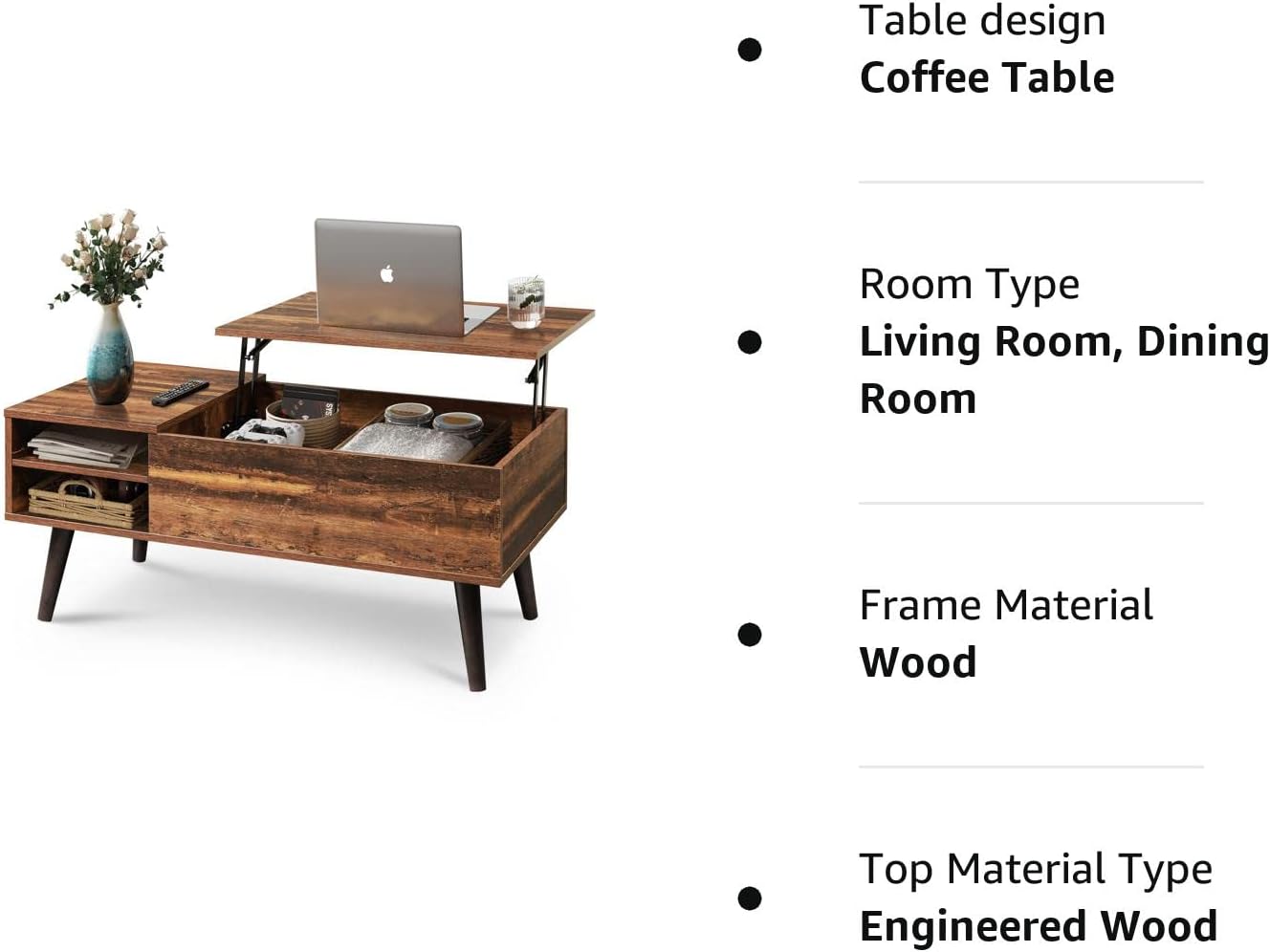 WLIVE Wood Lift Top Coffee Table with Hidden Compartment and Adjustable Storage Shelf, Lift Tabletop Dining Table for Home Living Room, Office, Rustic Oak - Image 9