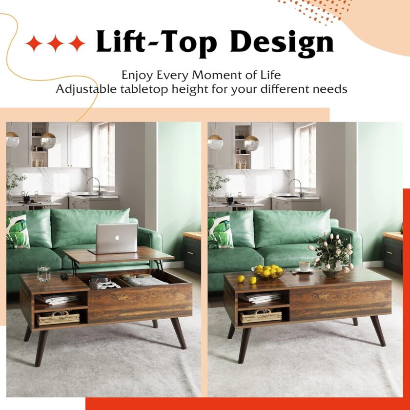 WLIVE Wood Lift Top Coffee Table with Hidden Compartment and Adjustable Storage Shelf, Lift Tabletop Dining Table for Home Living Room, Office, Rustic Oak - Image 4