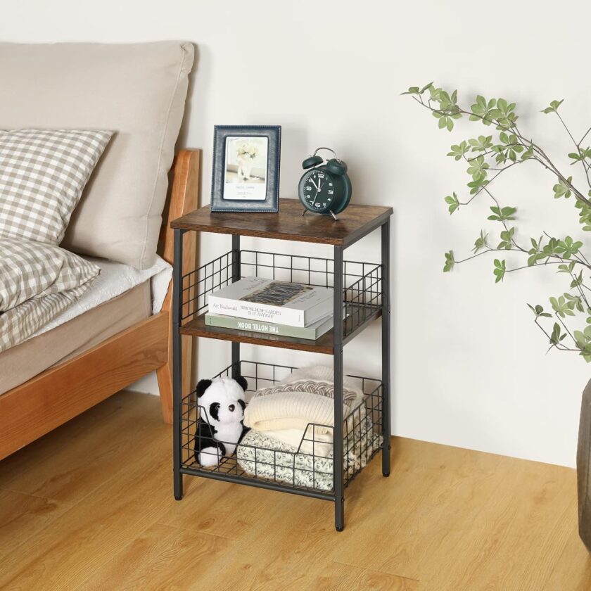 X-cosrack Side Table, Industrial Retro End Table Nightstand Storage Shelf for Living Room Bedroom Kitchen Family and Office,Small Table for Small Spaces(Rustic Brown & Black) - Image 2