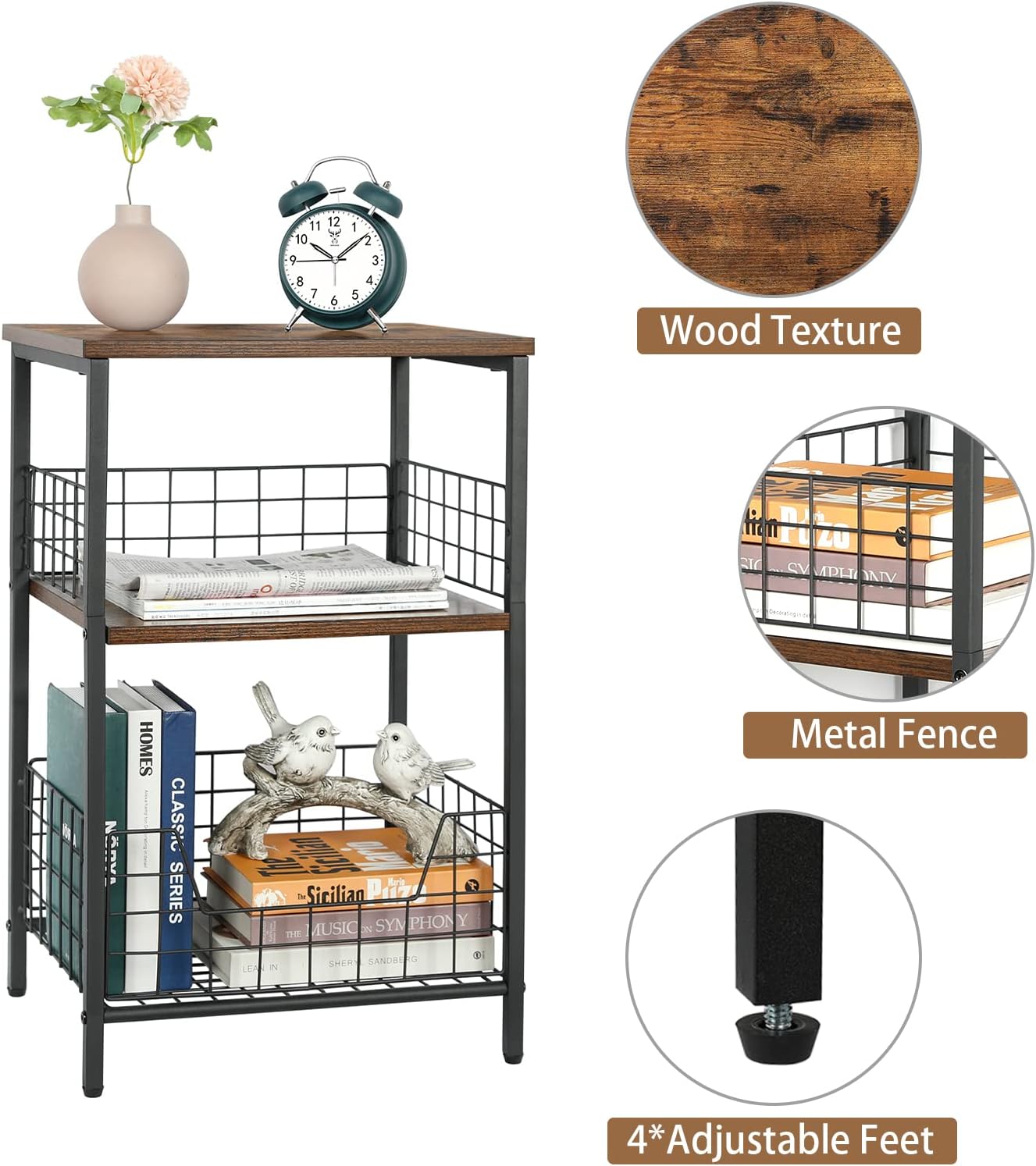 X-cosrack Side Table, Industrial Retro End Table Nightstand Storage Shelf for Living Room Bedroom Kitchen Family and Office,Small Table for Small Spaces(Rustic Brown & Black) - Image 4