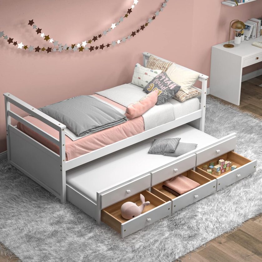 Xilingol Twin Daybed with Trundle, Wood Sofa Bed Frame for Kids Teens Guests Bedroom Living Room Furniture, Wood Platform Bed with Slats, No Box Spring Needed, White - Image 11