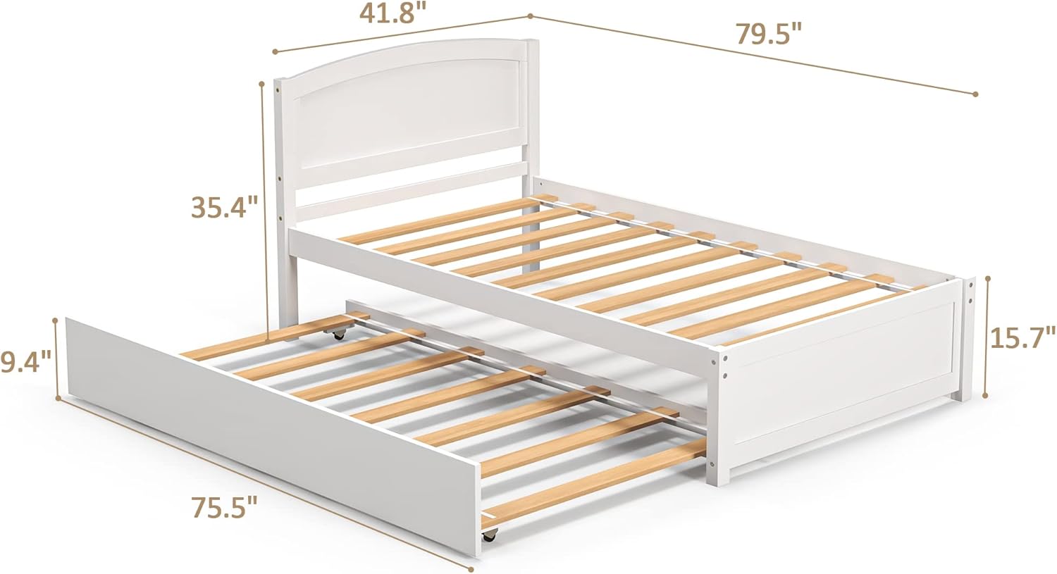 Xilingol Twin Daybed with Trundle, Wood Sofa Bed Frame for Kids Teens Guests Bedroom Living Room Furniture, Wood Platform Bed with Slats, No Box Spring Needed, White - Image 2