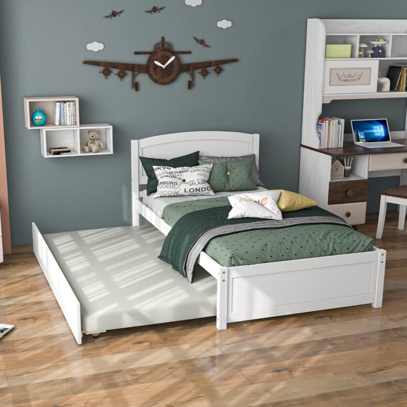 Xilingol Twin Daybed with Trundle, Wood Sofa Bed Frame for Kids Teens Guests Bedroom Living Room Furniture, Wood Platform Bed with Slats, No Box Spring Needed, White