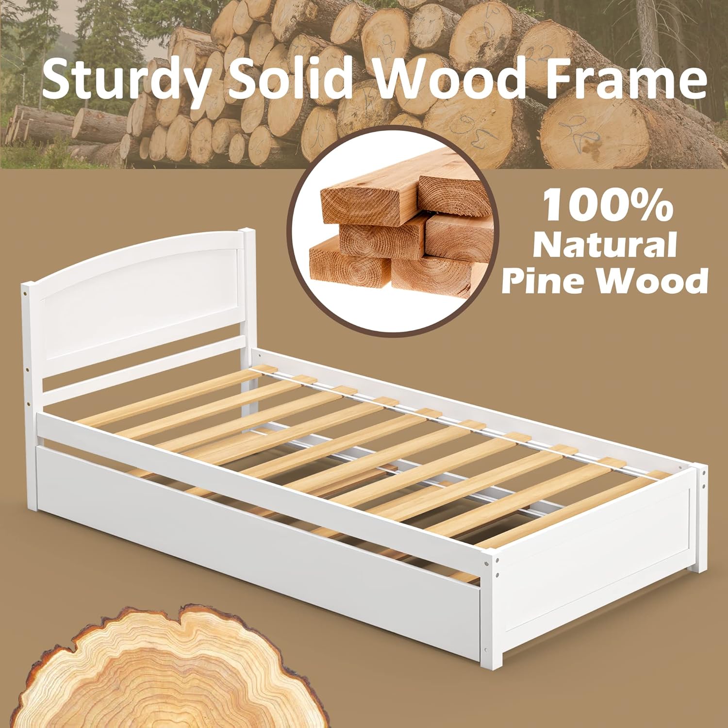 Xilingol Twin Daybed with Trundle, Wood Sofa Bed Frame for Kids Teens Guests Bedroom Living Room Furniture, Wood Platform Bed with Slats, No Box Spring Needed, White - Image 3