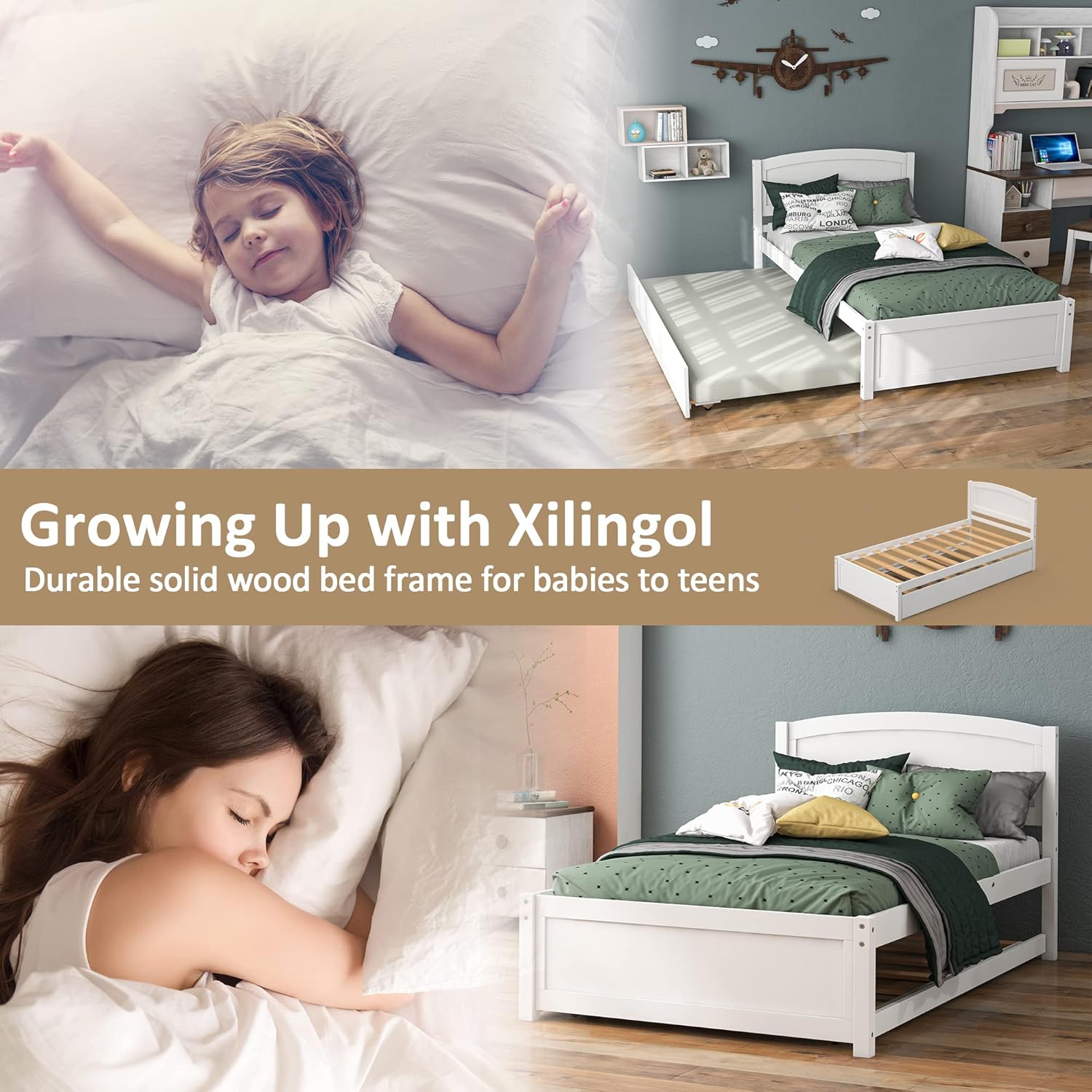 Xilingol Twin Daybed with Trundle, Wood Sofa Bed Frame for Kids Teens Guests Bedroom Living Room Furniture, Wood Platform Bed with Slats, No Box Spring Needed, White - Image 6