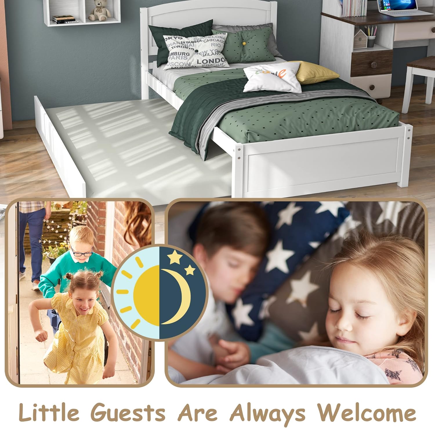 Xilingol Twin Daybed with Trundle, Wood Sofa Bed Frame for Kids Teens Guests Bedroom Living Room Furniture, Wood Platform Bed with Slats, No Box Spring Needed, White - Image 4