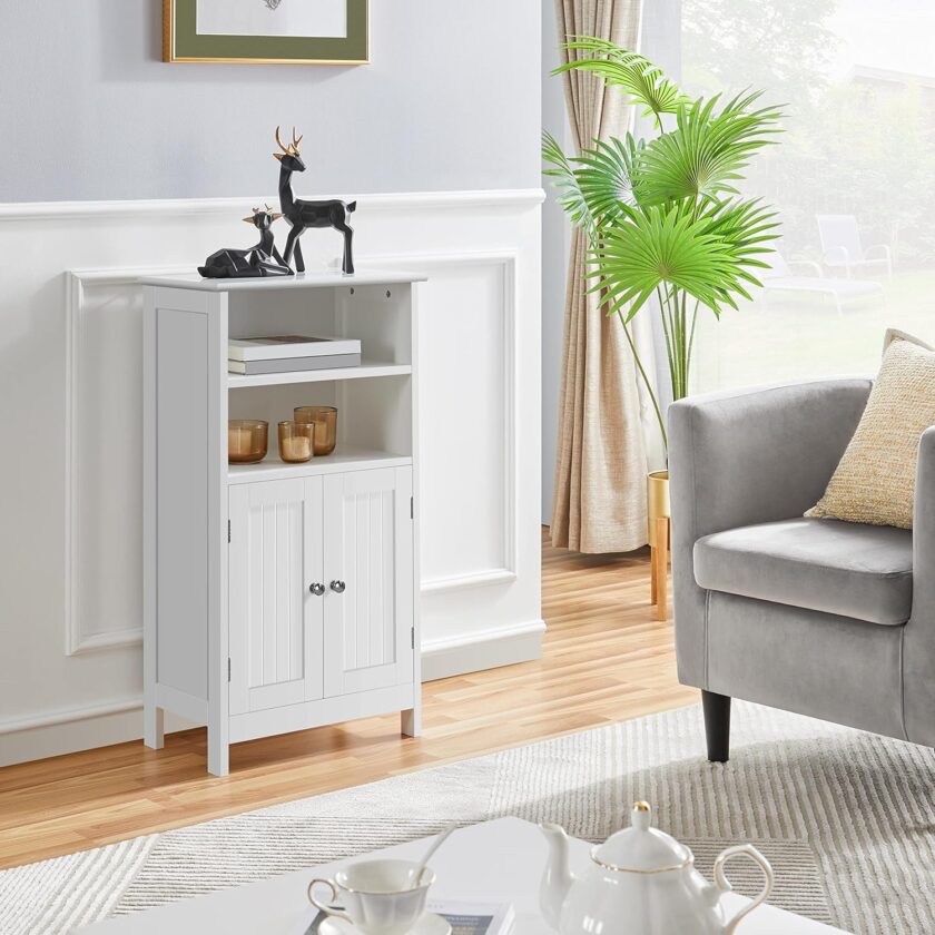 Yaheetech Bathroom Floor Cabinet, Free Standing Cabinet with Double Door and Adjustable Shelves, Side Tall Storage Organizer for Living Room\/Kitchen\/Hallway\/Home Office, White - Image 5