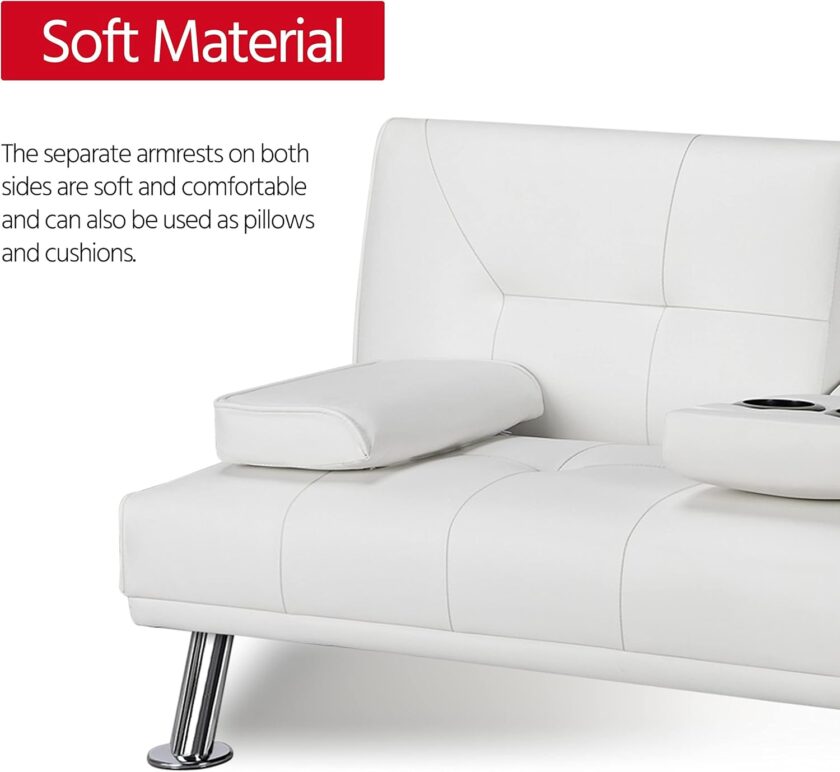 Yaheetech Convertible Sofa Bed Adjustable Couch Sleeper Modern Faux Leather Home Recliner Reversible Loveseat Folding Daybed Guest Bed, Removable Armrests, Cup Holders, 3 Angles, 772lb Capacity, White - Image 6