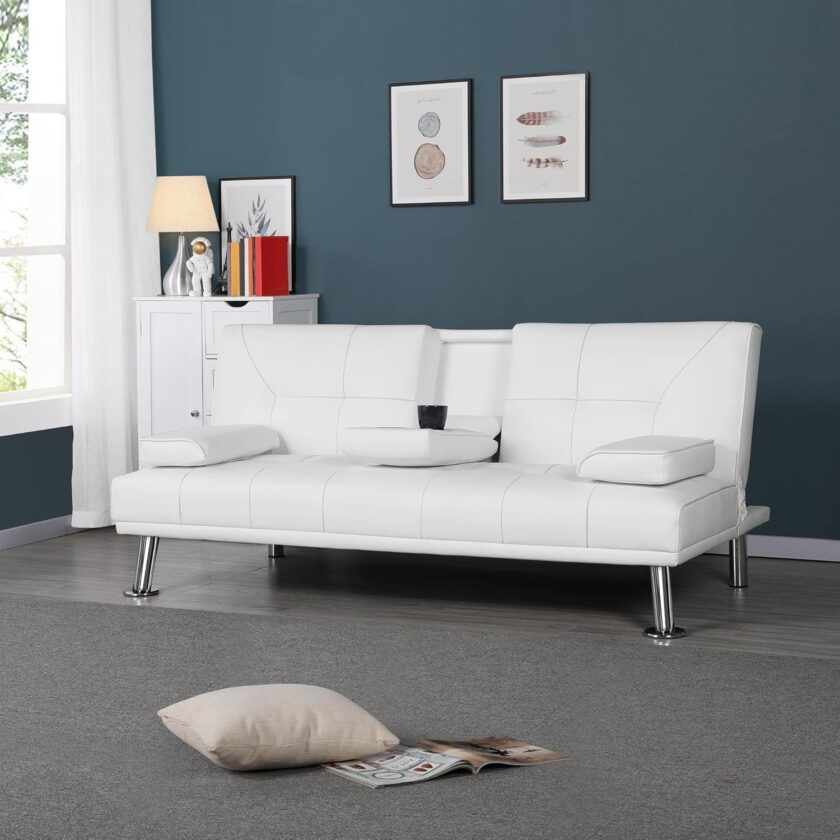 Yaheetech Convertible Sofa Bed Adjustable Couch Sleeper Modern Faux Leather Home Recliner Reversible Loveseat Folding Daybed Guest Bed, Removable Armrests, Cup Holders, 3 Angles, 772lb Capacity, White - Image 2