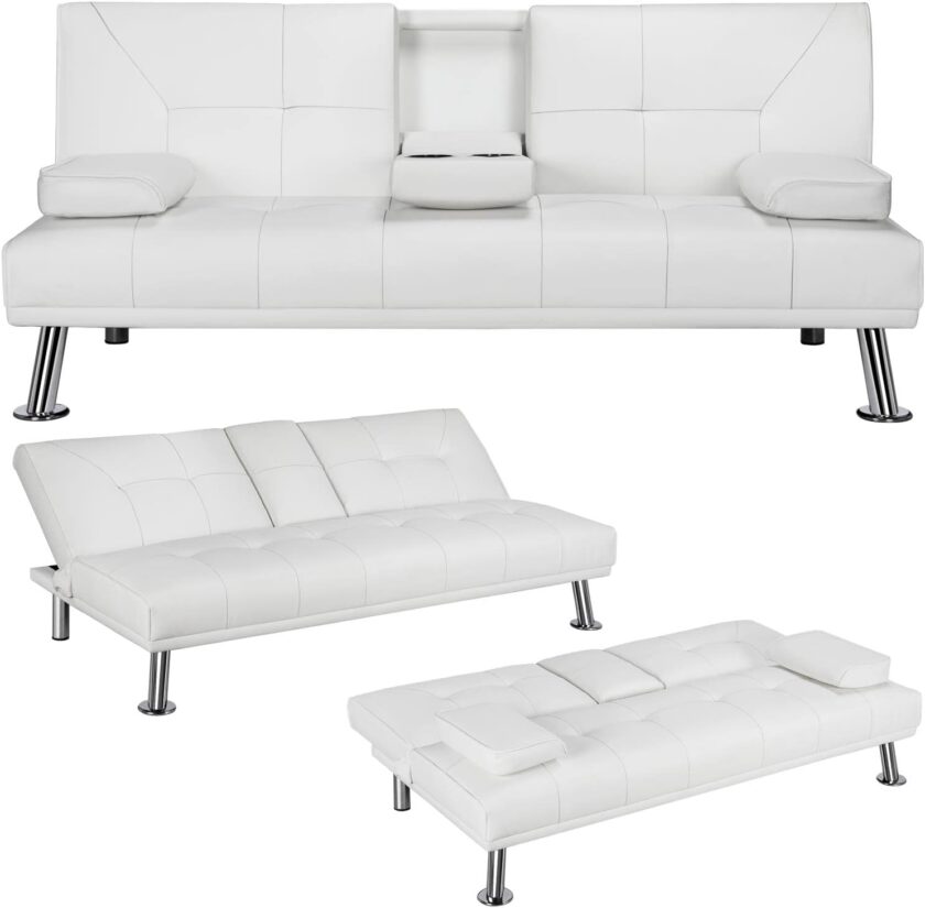 Yaheetech Convertible Sofa Bed Adjustable Couch Sleeper Modern Faux Leather Home Recliner Reversible Loveseat Folding Daybed Guest Bed, Removable Armrests, Cup Holders, 3 Angles, 772lb Capacity, White