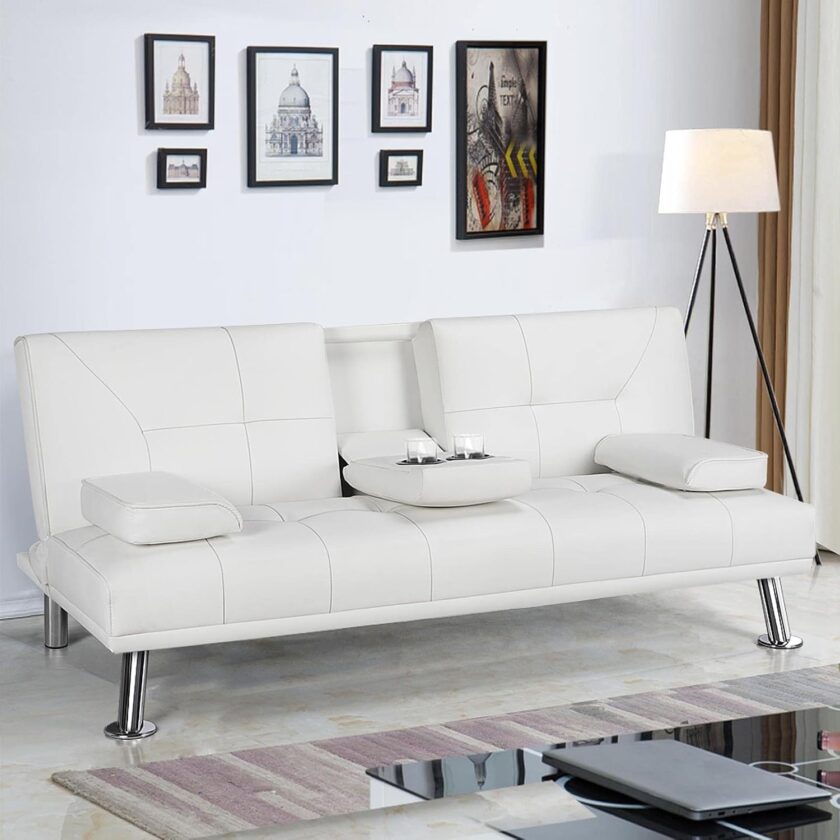 Yaheetech Convertible Sofa Bed Adjustable Couch Sleeper Modern Faux Leather Home Recliner Reversible Loveseat Folding Daybed Guest Bed, Removable Armrests, Cup Holders, 3 Angles, 772lb Capacity, White - Image 4