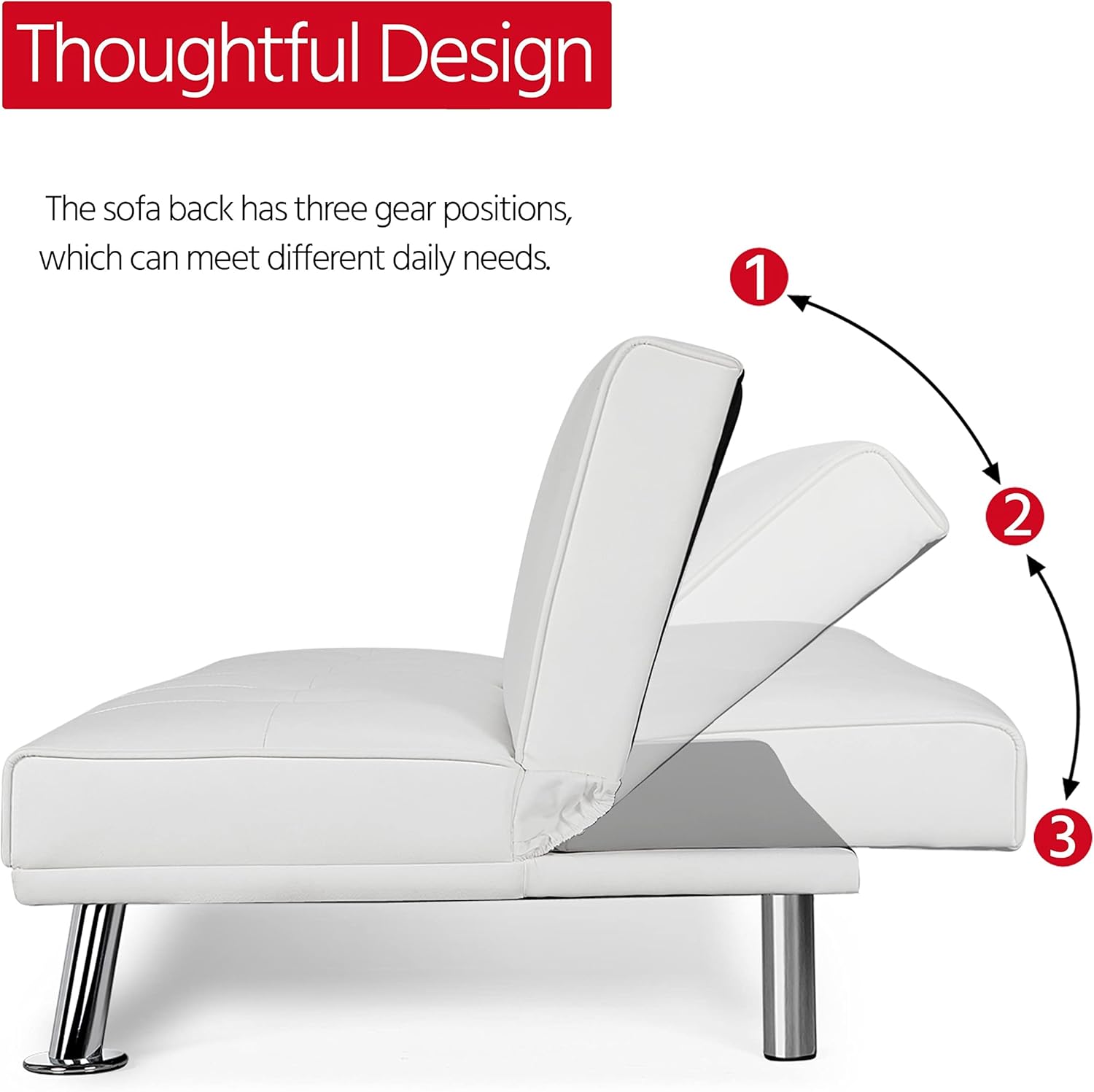 Yaheetech Convertible Sofa Bed Adjustable Couch Sleeper Modern Faux Leather Home Recliner Reversible Loveseat Folding Daybed Guest Bed, Removable Armrests, Cup Holders, 3 Angles, 772lb Capacity, White - Image 5