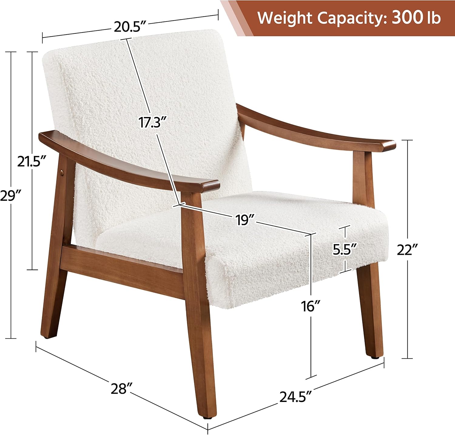 Yaheetech Fabric Accent Chair, Mid-Century Modern Armchair with Solid Wood Legs, Reading Leisure Chair with High Back for Living Room Bedroom Waiting Room, Set of 2, Ivory - Image 3