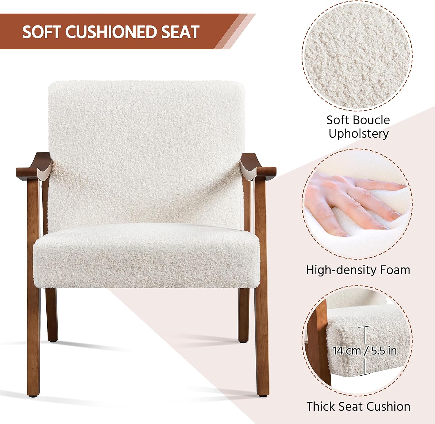 Yaheetech Fabric Accent Chair, Mid-Century Modern Armchair with Solid Wood Legs, Reading Leisure Chair with High Back for Living Room Bedroom Waiting Room, Set of 2, Ivory - Image 8