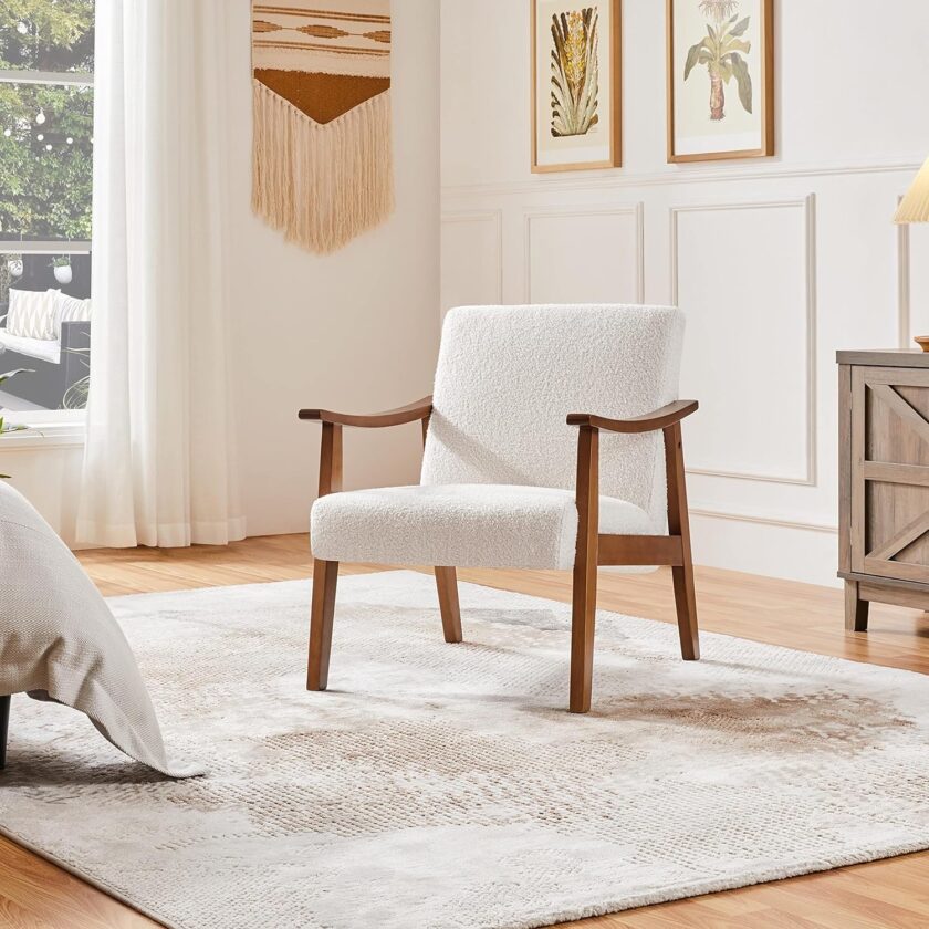 Yaheetech Fabric Accent Chair, Mid-Century Modern Armchair with Solid Wood Legs, Reading Leisure Chair with High Back for Living Room Bedroom Waiting Room, Set of 2, Ivory - Image 2