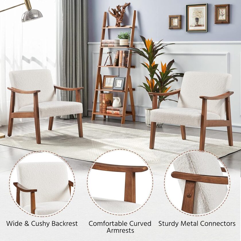 Yaheetech Fabric Accent Chair, Mid-Century Modern Armchair with Solid Wood Legs, Reading Leisure Chair with High Back for Living Room Bedroom Waiting Room, Set of 2, Ivory - Image 4