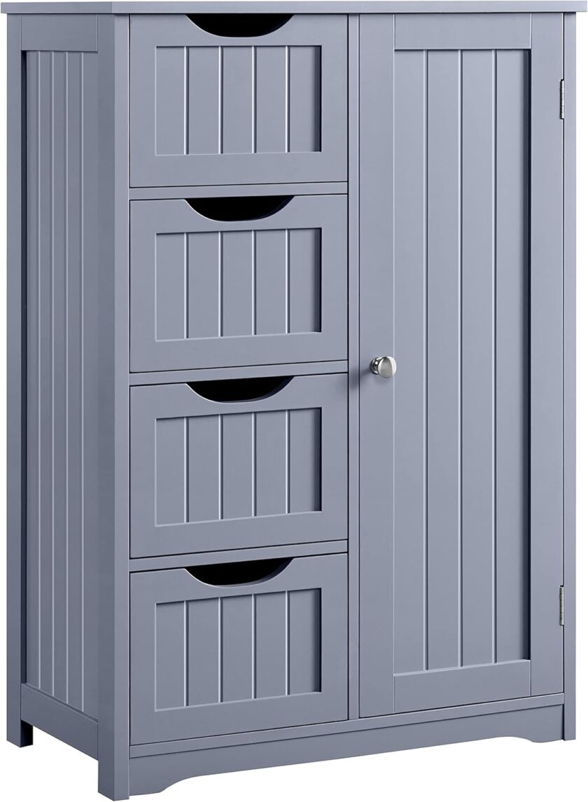 Yaheetech Wooden Floor Cabinet, Side Storage Organizer with 4 Drawers and 1 Cupboard, Freestanding Entryway Storage Unit Console Table, Bathroom Furniture Home Decor, White - Image 11