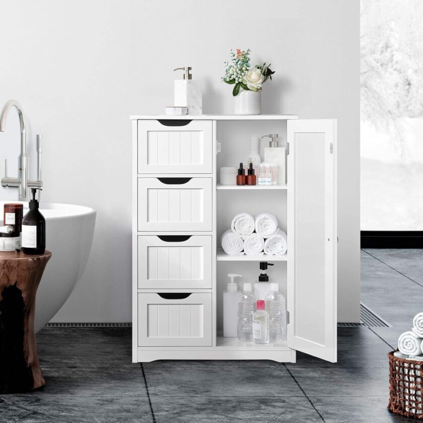 Yaheetech Wooden Floor Cabinet, Side Storage Organizer with 4 Drawers and 1 Cupboard, Freestanding Entryway Storage Unit Console Table, Bathroom Furniture Home Decor, White - Image 2