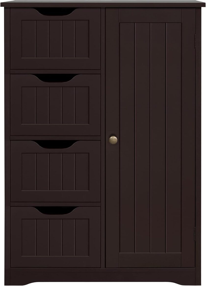Yaheetech Wooden Floor Cabinet, Side Storage Organizer with 4 Drawers and 1 Cupboard, Freestanding Entryway Storage Unit Console Table, Bathroom Furniture Home Decor, White - Image 12