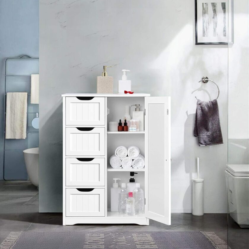 Yaheetech Wooden Floor Cabinet, Side Storage Organizer with 4 Drawers and 1 Cupboard, Freestanding Entryway Storage Unit Console Table, Bathroom Furniture Home Decor, White - Image 4