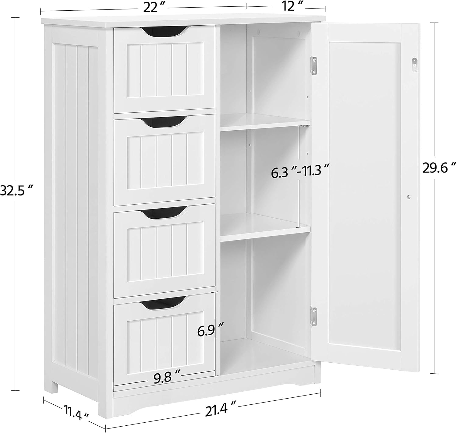 Yaheetech Wooden Floor Cabinet, Side Storage Organizer with 4 Drawers and 1 Cupboard, Freestanding Entryway Storage Unit Console Table, Bathroom Furniture Home Decor, White - Image 3
