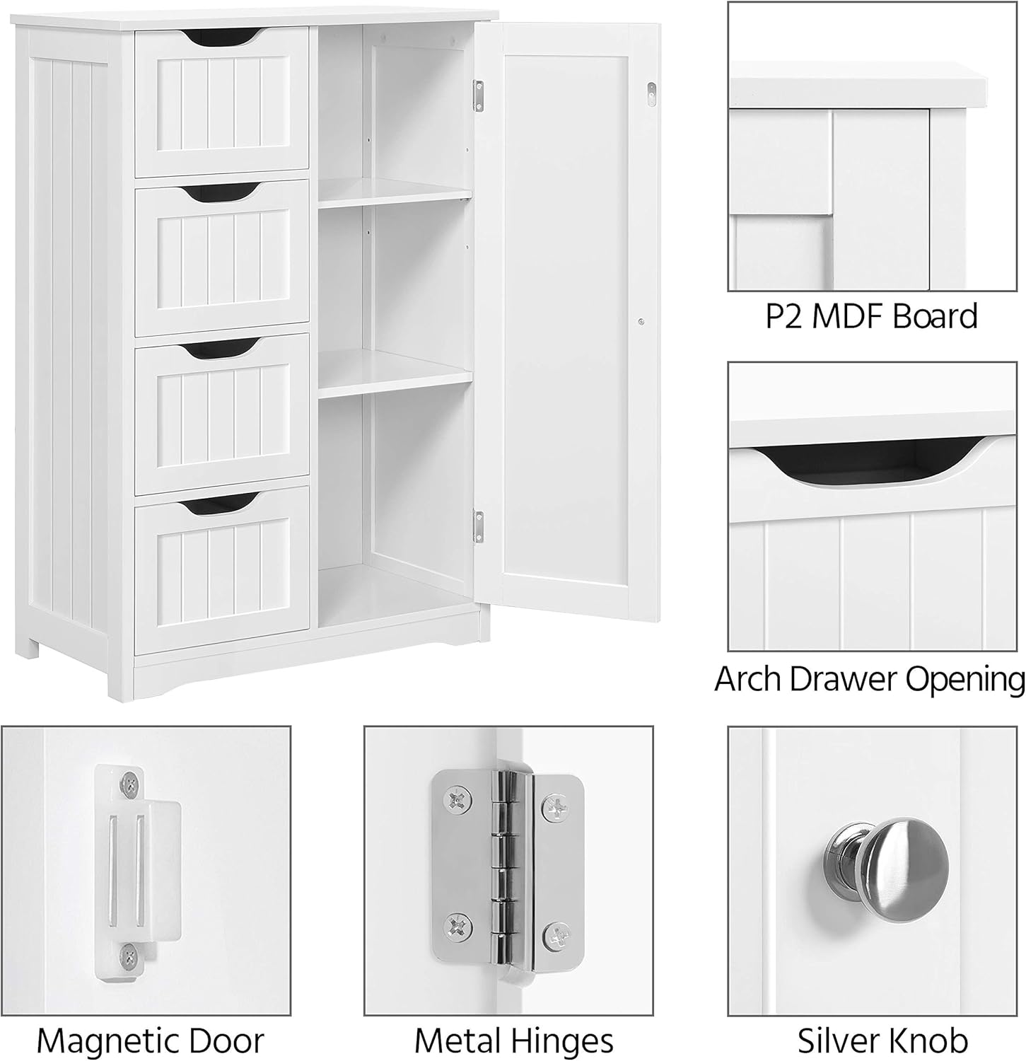 Yaheetech Wooden Floor Cabinet, Side Storage Organizer with 4 Drawers and 1 Cupboard, Freestanding Entryway Storage Unit Console Table, Bathroom Furniture Home Decor, White - Image 6