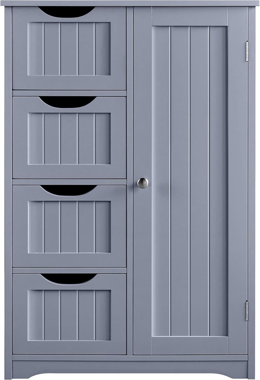 Yaheetech Wooden Floor Cabinet, Side Storage Organizer with 4 Drawers and 1 Cupboard, Freestanding Entryway Storage Unit Console Table, Bathroom Furniture Home Decor, White - Image 16