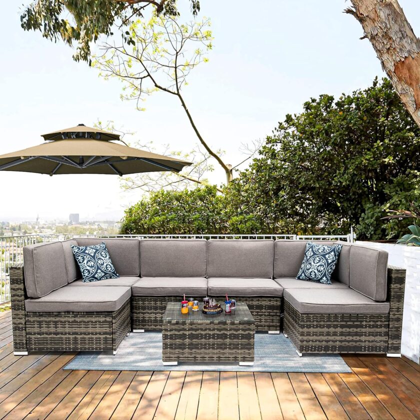 YITAHOME 7 Piece Outdoor Patio Furniture Sets, Garden Conversation Wicker Sofa Set, and Patio Sectional Furniture Sofa Set with Coffee Table and Cushion for Lawn, Backyard, and Poolside, Gray Gradient