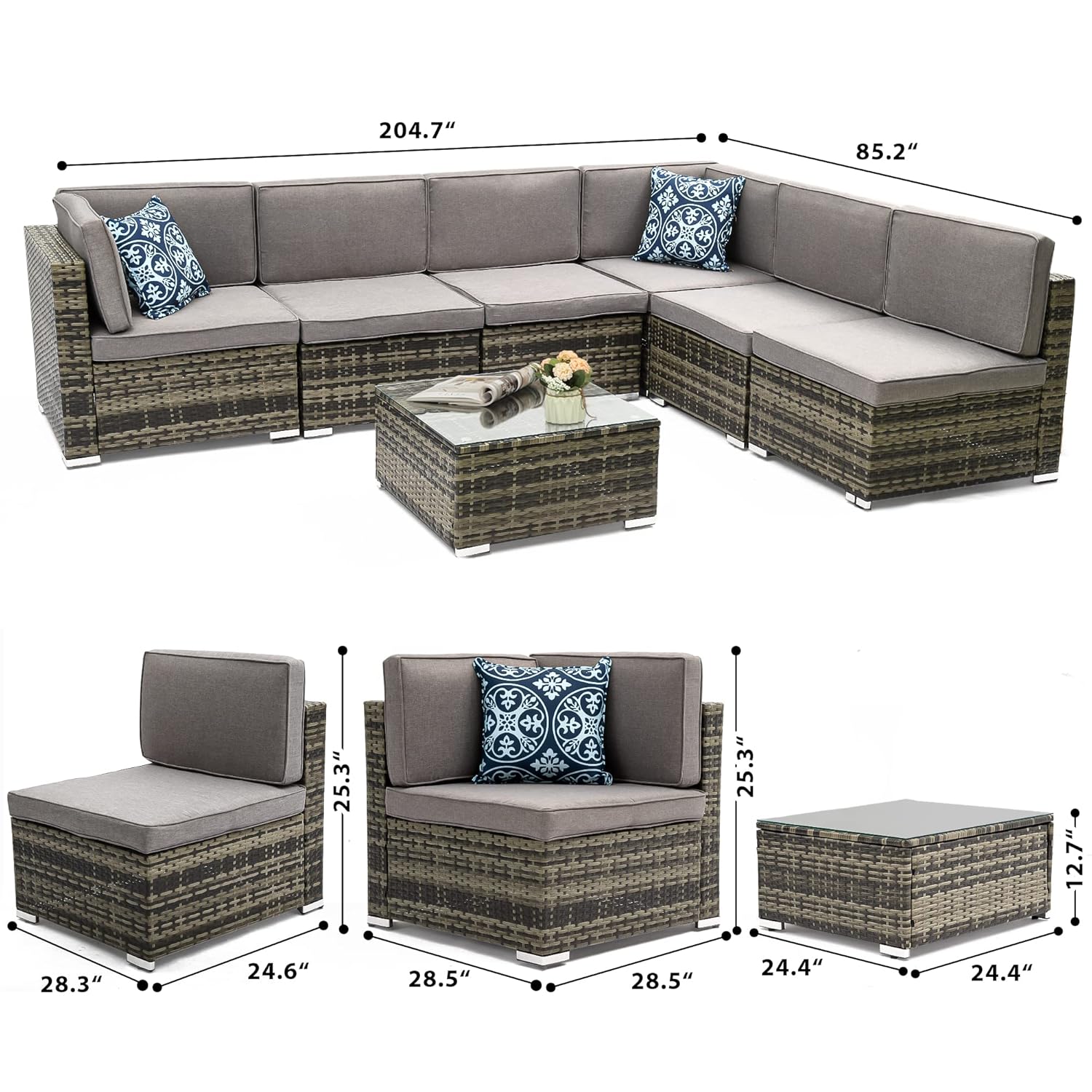 YITAHOME 7 Piece Outdoor Patio Furniture Sets, Garden Conversation Wicker Sofa Set, and Patio Sectional Furniture Sofa Set with Coffee Table and Cushion for Lawn, Backyard, and Poolside, Gray Gradient - Image 6