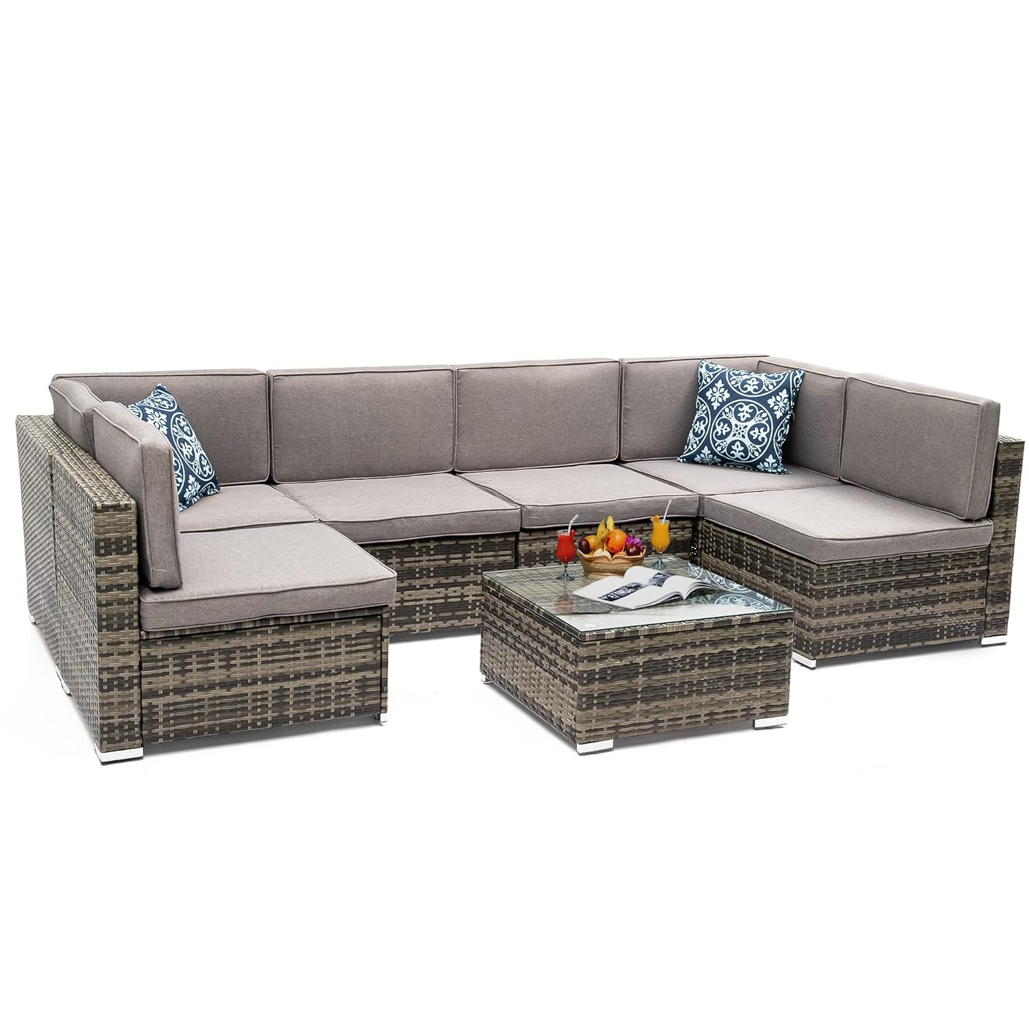 YITAHOME 7 Piece Outdoor Patio Furniture Sets, Garden Conversation Wicker Sofa Set, and Patio Sectional Furniture Sofa Set with Coffee Table and Cushion for Lawn, Backyard, and Poolside, Gray Gradient - Image 7