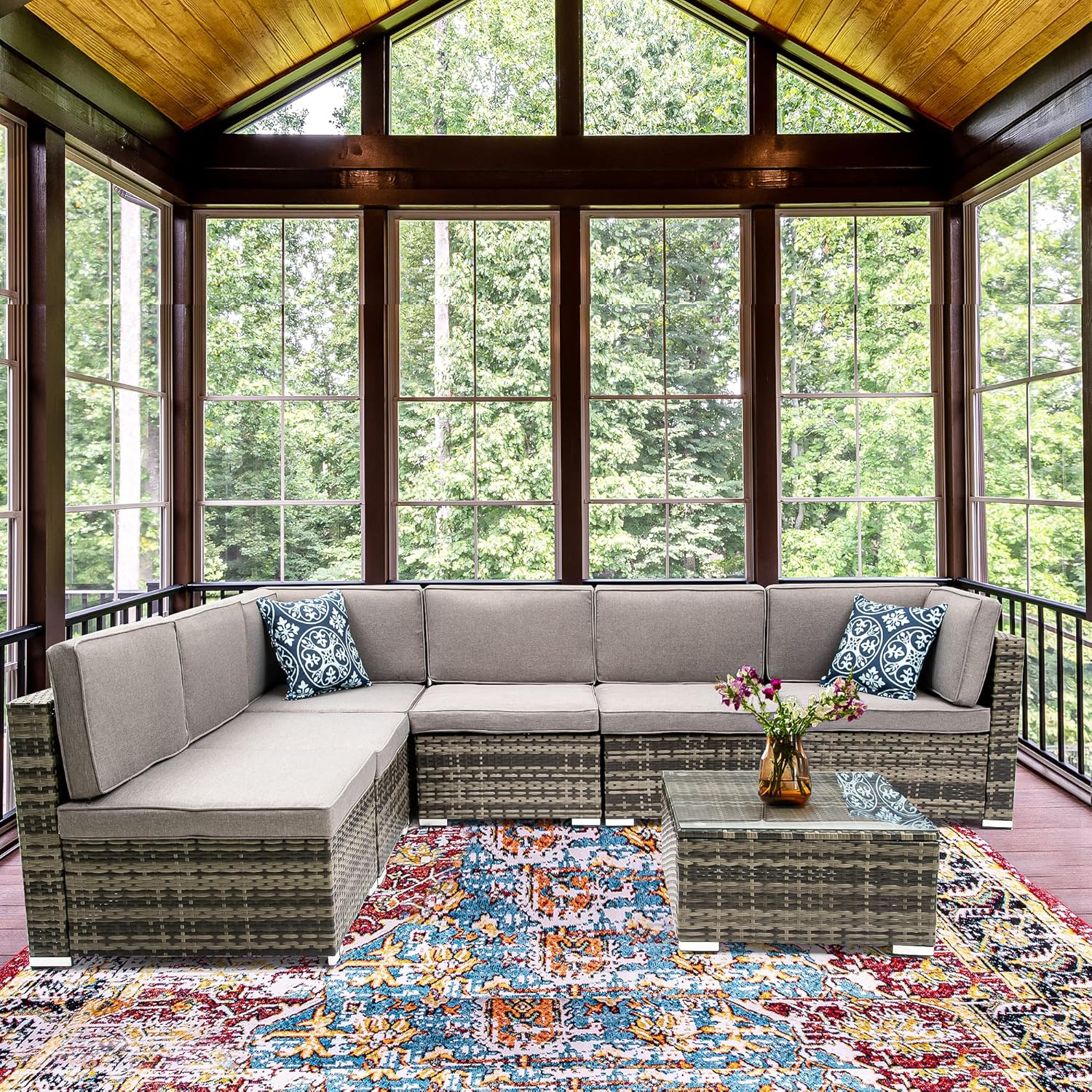 YITAHOME 7 Piece Outdoor Patio Furniture Sets, Garden Conversation Wicker Sofa Set, and Patio Sectional Furniture Sofa Set with Coffee Table and Cushion for Lawn, Backyard, and Poolside, Gray Gradient - Image 2