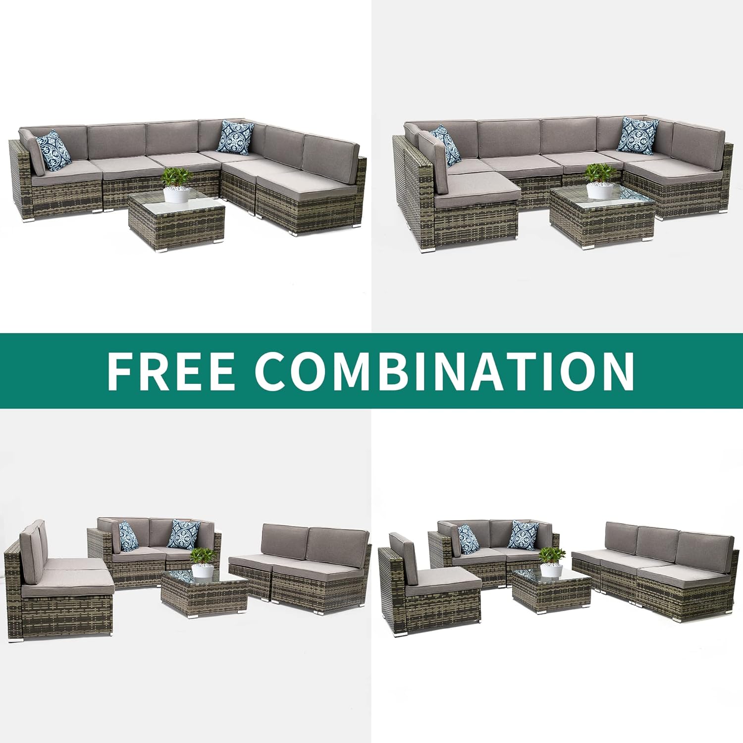 YITAHOME 7 Piece Outdoor Patio Furniture Sets, Garden Conversation Wicker Sofa Set, and Patio Sectional Furniture Sofa Set with Coffee Table and Cushion for Lawn, Backyard, and Poolside, Gray Gradient - Image 5
