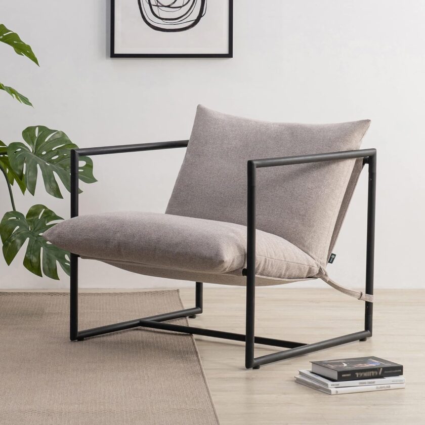 ZINUS Aidan Sling Accent Chair \/ Metal Framed Armchair with Shredded Foam Cushioning, Oatmeal